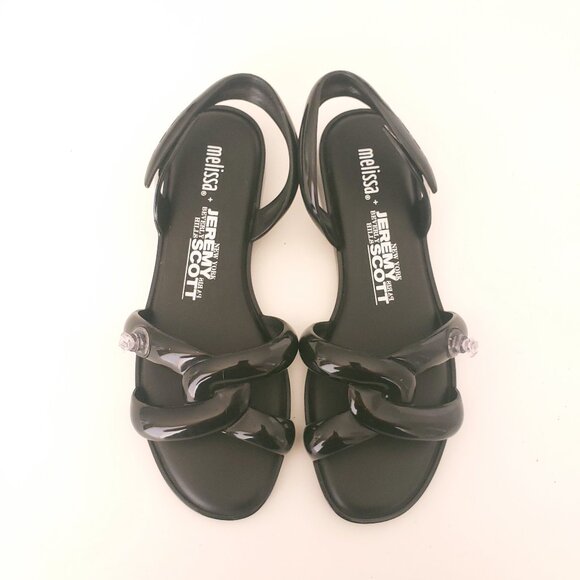New Melissa Jeremy Scott Tube Slingback Sandals Black Rubber Flat Size 7 - Picture 1 of 13